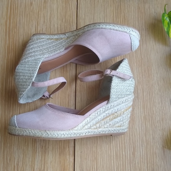 Pale pink suede espadrille wedge Mary Jane heels - Picture 1 of 7